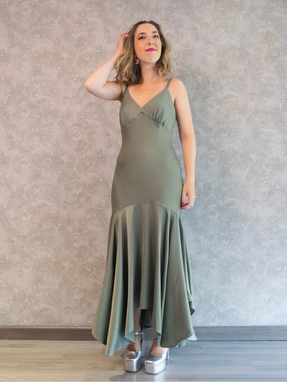 Taylor Olive Green High-Low Slip Mermaid Dress